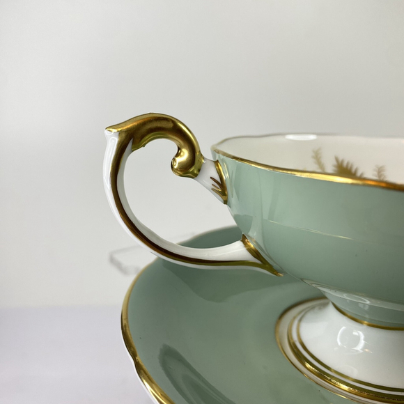 Sage Green Pedestal with Gold Leaf Design Aynsley Tea Cup and Saucer Set - Picture 7 of 13